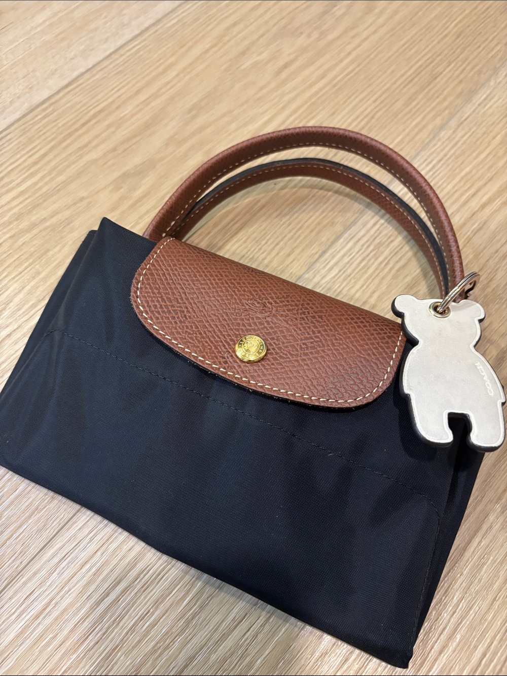 Longchamp Black Nylon Tote with Brown Leather Trim and Bear Charm